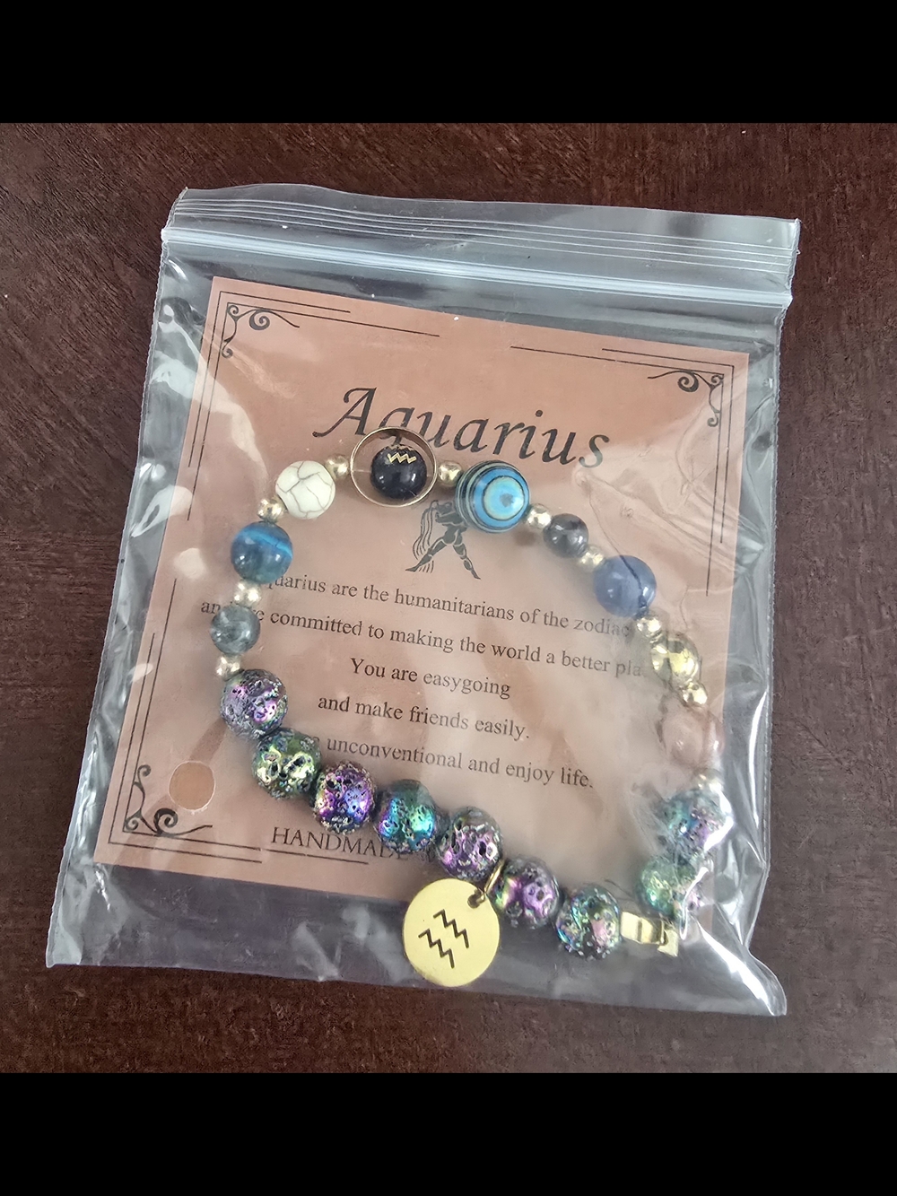 Aquarius Multicolor Beaded Bracelet with Gold Zodiac Charm